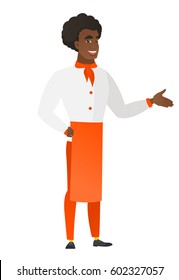 Chef cook with arm out in a welcoming gesture. Full length of welcoming young african-american chef cook. Chef cook doing welcome gesture. Vector flat design illustration isolated on white background.