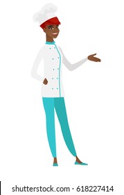 Chef cook with arm out in a welcoming gesture. Full length of welcoming young african-american chef cook. Chef cook doing welcome gesture. Vector flat design illustration isolated on white background.