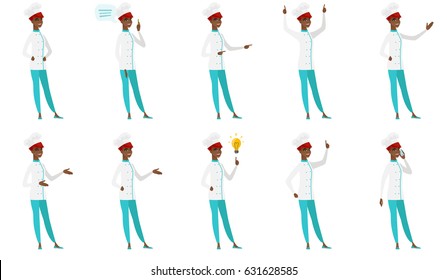 Chef cook with arm out in welcoming gesture. Full length of welcoming young african chef cook. Chef cook doing welcome gesture. Set of vector flat design illustrations isolated on white background.