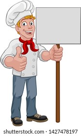 A chef cook or baker cartoon character mascot holding a sign and gving a thumbs up