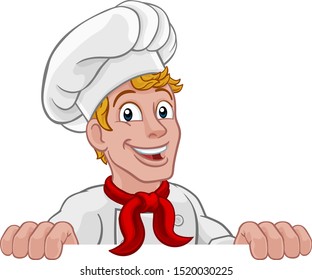 A chef cook or baker cartoon character mascot peeking over a sign