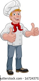 A chef cook or baker cartoon character mascot gving a double thumbs up