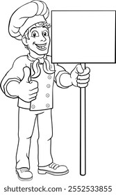 A chef cook or baker cartoon character mascot holding a sign and gving a thumbs up