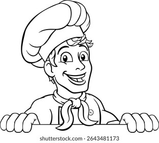 Um cozinheiro chefe ou mascote de desenho animado padeiro espiando sobre um sinal