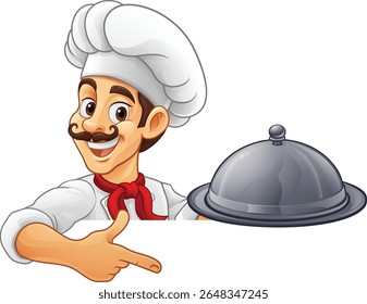 A chef, cook or baker cartoon mascot man holding a cloche serving plate or platter peeking around a sign and pointing at it.