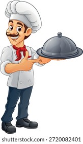 Un chef, cocinero o panadero de dibujos animados mascota hombre sosteniendo un plato de servir cloche o plato y señalando.