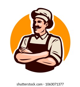 Chef, Cook Or Baker Logo. Cafe, Restaurant, Menu Concept. Cartoon Vector Illustration