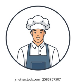 Chef, cook, baker logo in uniform with chef hat. Simple icon, smiling chef, isolated icon in a round frame. Restaurant design concept. Vector illustration