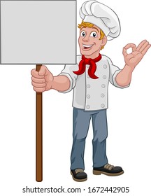 A chef cook or baker man cartoon character giving a perfect or okay chefs hand sign and holding a signboard