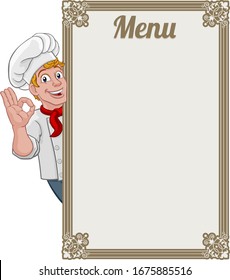 Ein Koch-Koch oder Bäcker Mann Cartoon Charakter geben ein perfektes oder okay Köche Hand-Zeichen. Peeking um ein Hintergrundmenüschild.