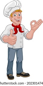 A chef cook or baker man cartoon character giving a thumbs up and perfect okay chefs hand sign