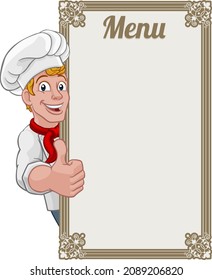 Un cocinero cocinero o un panadero, personaje de dibujos animados, dando un pulgar hacia arriba con el signo de la mano. Buscando alrededor de un panel de signos de menú de fondo.