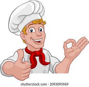 Un cocinero cocinero o panadero personaje de caricatura dando su aprobación y perfecto seño de mano a los chefs. Buscando sobre un signo de fondo.