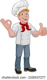 A chef cook or baker man cartoon character giving a thumbs up and perfect okay chefs hand sign.