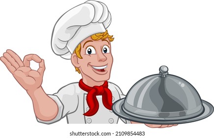 Un cocinero cocinero o panadero personaje de caricatura que da un signo perfecto o correcto de mano a los chefs. Mirando sobre un cartel de fondo y sosteniendo una bandeja de comida de tela en cúpula.