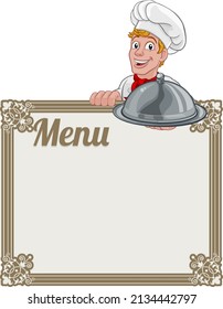 A chef cook or baker man cartoon character peeking over a background menu sign and holding a domed cloche food tray.