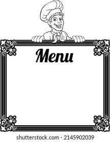 A chef cook or baker man cartoon character peeking over a background menu board sign.