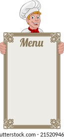 A chef cook or baker man cartoon character peeking over a background menu board sign.