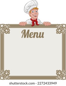 A chef cook or baker man cartoon character peeking over a background menu board sign.