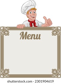 A chef cook or baker man cartoon character giving a thumbs up hand sign. Peeking over a background menu sign board.