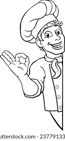 A chef cook or baker man cartoon character giving a perfect or okay chefs hand sign. Peeking around a background sign.