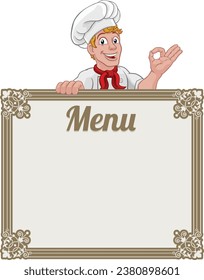 A chef cook or baker man cartoon character giving a perfect or okay chefs hand sign and peeking over a background menu sign 