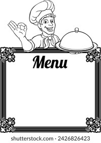 A chef cook or baker man cartoon character peeking over a background menu sign. Holding a domed cloche food tray while giving a perfect or okay chefs hand sign
