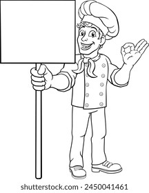 A chef cook or baker man cartoon character giving a perfect or okay chefs hand sign and holding a signboard