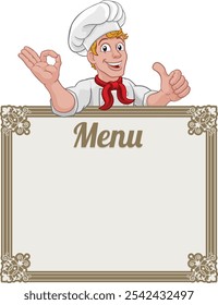 Un cocinero de chef o un personaje de dibujos animados de hombre panadero que da un pulgar hacia arriba y un signo de mano de chefs perfecto. Echando un vistazo sobre un panel de signos de menú de fondo.