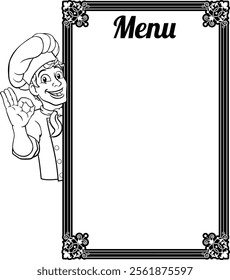 A chef cook or baker man cartoon character giving a perfect or okay chefs hand sign. Peeking around a background menu board sign.