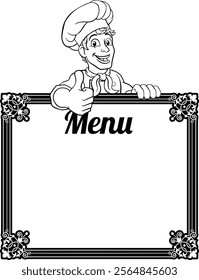 A chef cook or baker man cartoon character giving a thumbs up hand sign. Peeking over a background menu sign board.