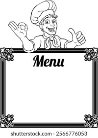 A chef cook or baker man cartoon character giving a thumbs up and perfect okay chefs hand sign. Peeking over a background menu sign board.