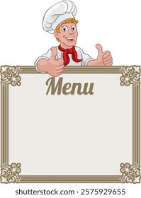 A chef cook or baker man cartoon character giving a thumbs up hand sign. Peeking over a background menu sign board.