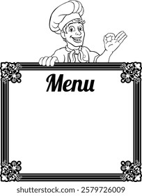 A chef cook or baker man cartoon character giving a perfect or okay chefs hand sign and peeking over a background menu sign 