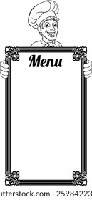 A chef cook or baker man cartoon character peeking over a background menu board sign.