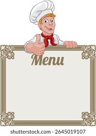 A chef cook or baker man cartoon character giving a thumbs up hand sign. Peeking over a background menu sign board.