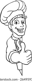 A chef cook or baker peeking around a sign and giving a thumbs up cartoon