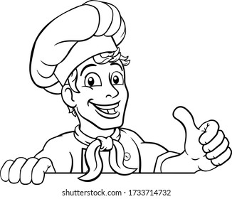 Un cuisinier ou un boulanger qui regarde un panneau et donne un pouce en dessin