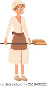 Chef cook bread. Cartoon woman baking pastry