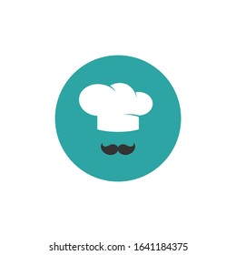 Chef cook cap with mustaches in blue circle. icon isolated on white. Cooking cap. Menu card. Bakery Logo. Flat vector illustration. 