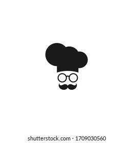 Chef cook cap with mustaches and glasses icon isolated on bwhite. Cooking cap. Menu card. Bakery Logo. Flat vector illustration. 