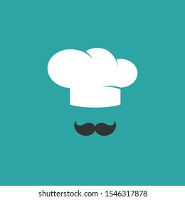 Chef cocinero con un ícono de bigotes aislado en azul. Cama de cocina. Carta de menú. Logo de la panadería. Ilustración vectorial plana. 