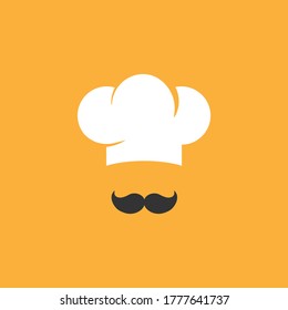 Chef cook cap with mustaches icon isolated on orange background. Cooking cap label. Menu card. Bakery Logo. Flat vector illustration. 