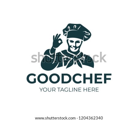 Chef or cook in cap and shows gesture okay, logo design. Kitchen, restaurant, snack bar, gastronomy and cooking food, vector design and illustration