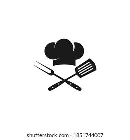 Chef cook cap with spatula and fork icon isolated on white. Cooking cap. Menu card. Party, cuisine, cookery sign. Flat vector illustration. 