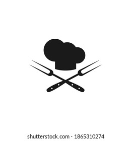 Chef cook cap with spatula and fork icon isolated on white. Cooking cap. Menu card. Party, cuisine, cookery sign. Flat vector illustration. 