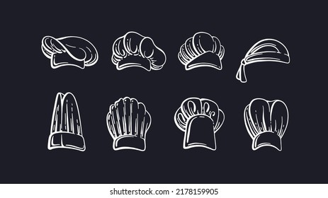 Chef, cook caps set. Vector engraving collection. Different outline sketch isolated on black background. Professional label, headwear