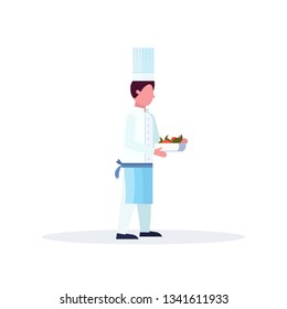 chef cook carrying plate with fresh fruits vegetables meal ingredients kit man in uniform professional occupation food cooking concept full length white background vector illustration