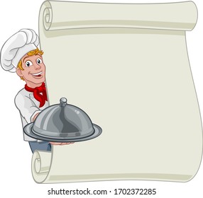 Un chef cocinero caricaturista hombre asomando un letrero de fondo y sosteniendo una bandeja de comida con cúpula de cloche