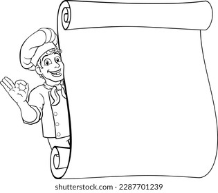 A chef cook cartoon man character peeking around a background scroll sign and giving perfect or okay chefs hand gesture